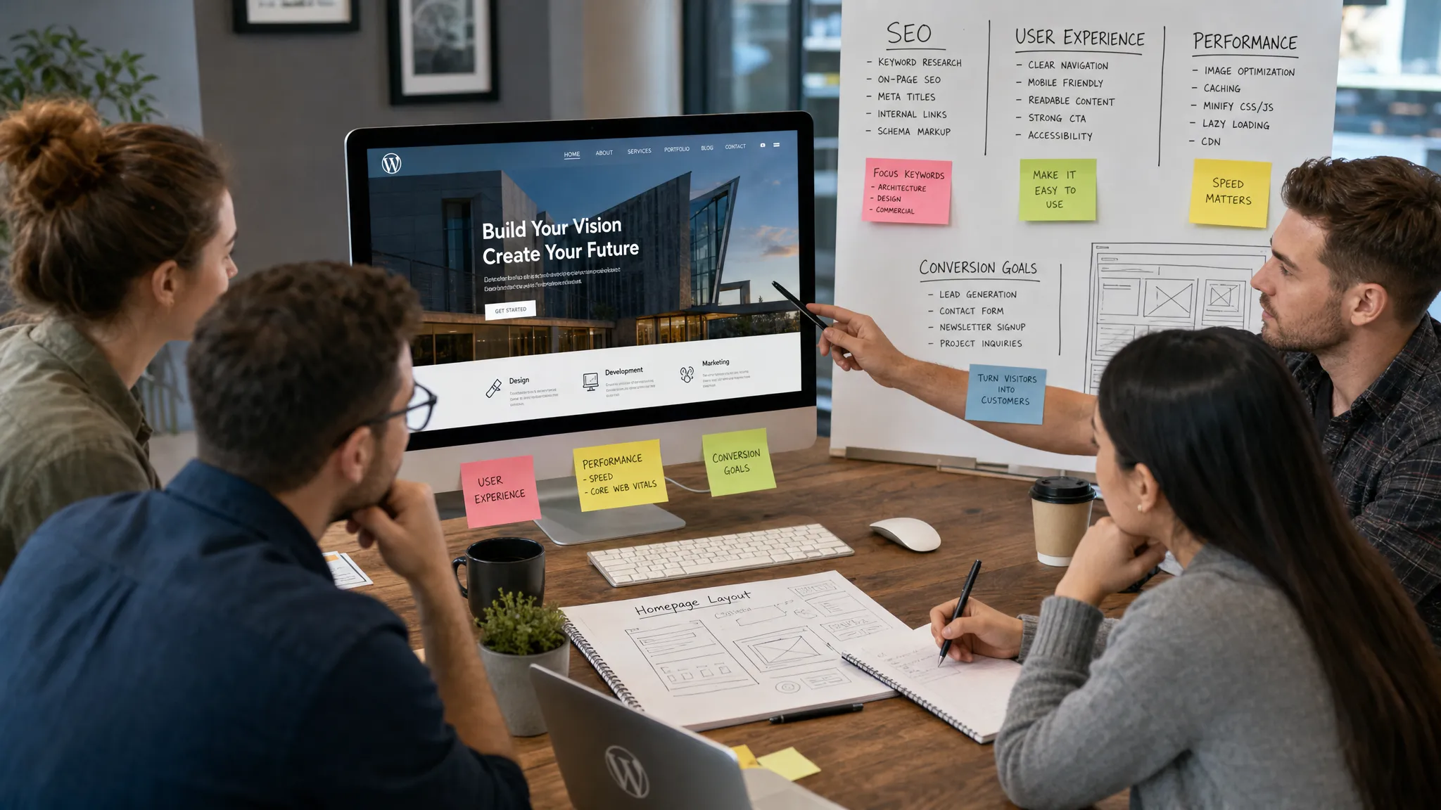 A collaborative team reviewing a WordPress website layout with notes for SEO, user experience, performance, and conversion goals arranged around the workspace.