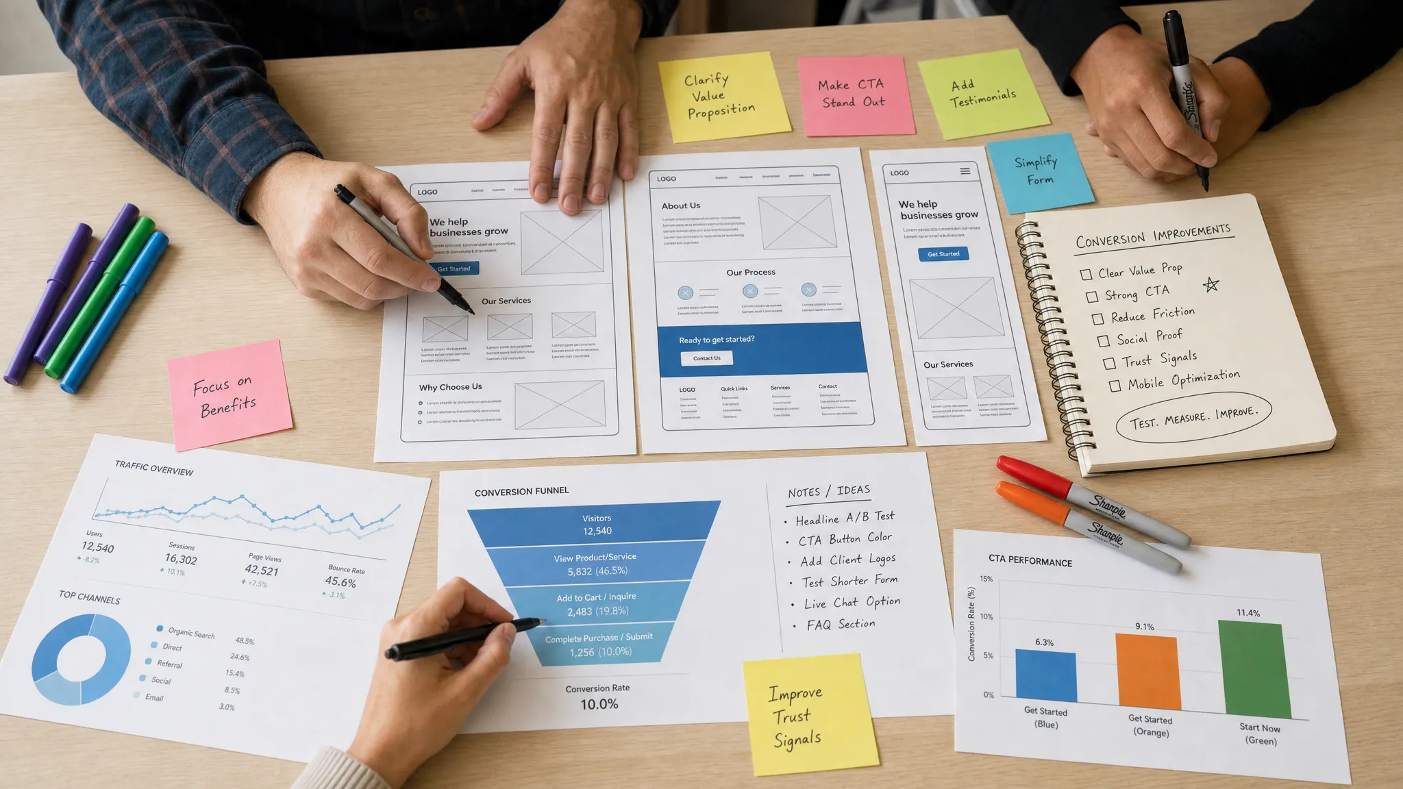 A desk with printed website wireframes, conversion notes, analytics charts, and colored markers, showing a team planning improvements to a business website without any computer screens.