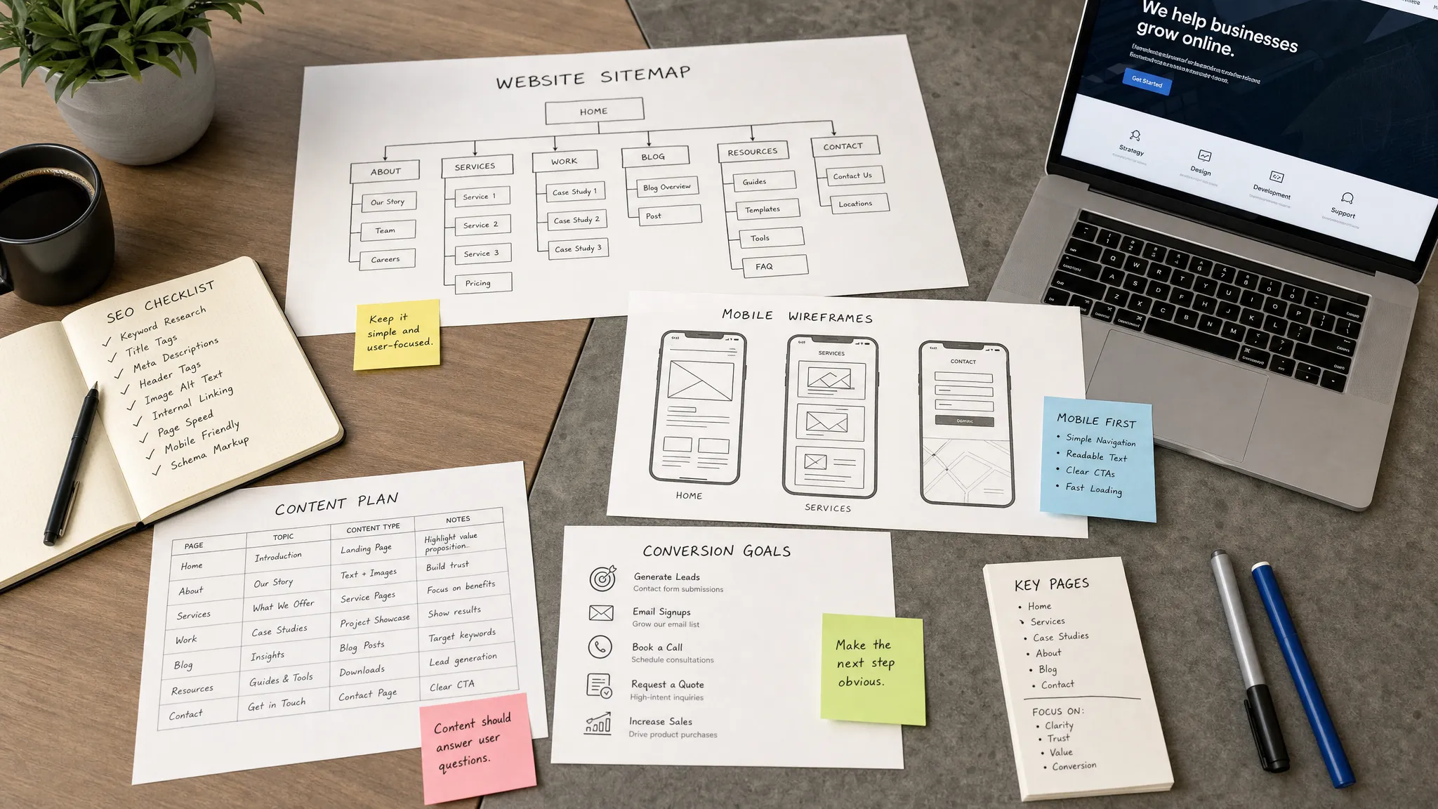A modern website planning workspace showing a sitemap, SEO notes, mobile wireframes, content blocks, and conversion goals arranged together on a table, viewed from a slightly different overhead angle with the materials spread across two surfaces.