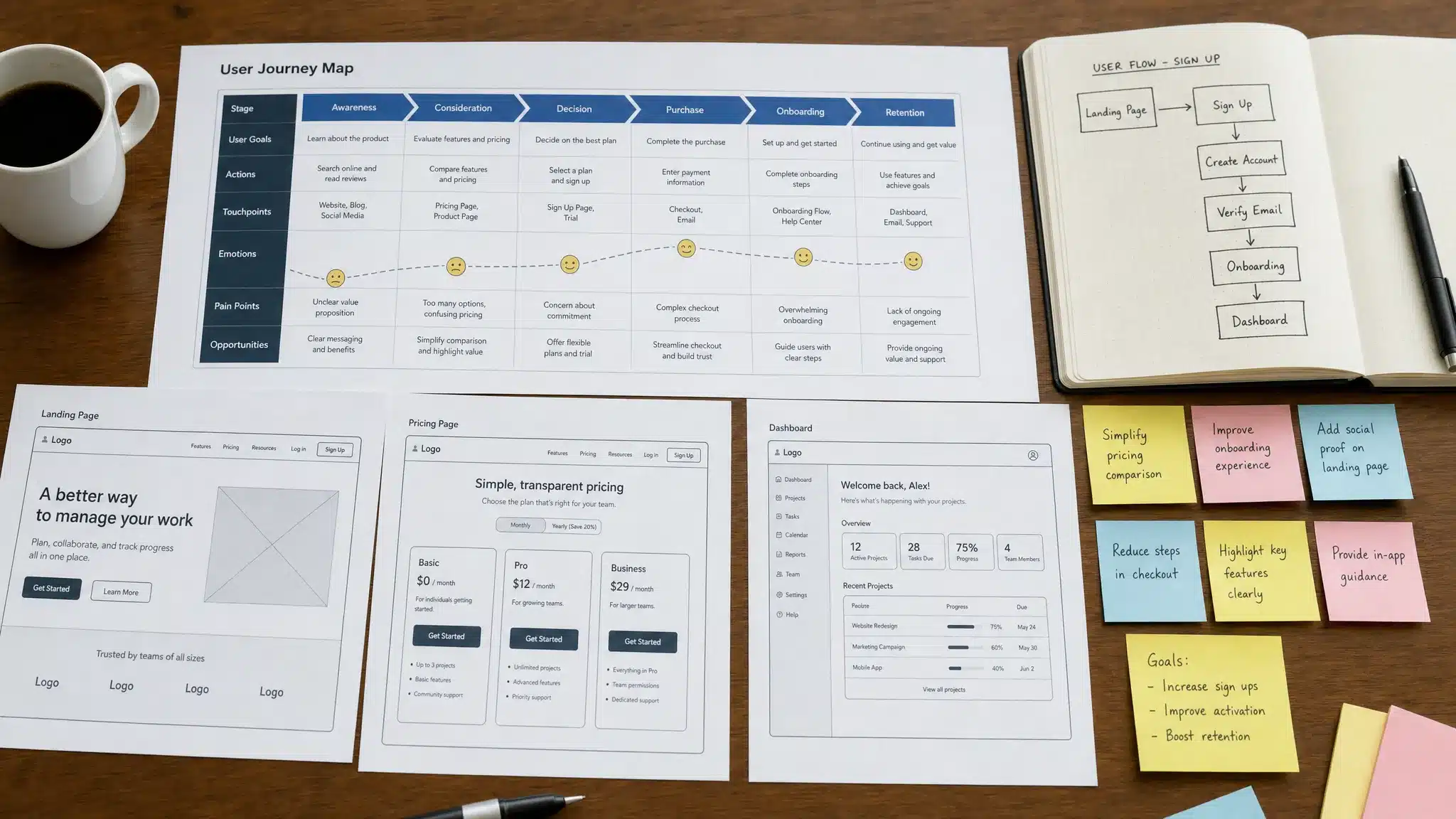 Printed website wireframes, user journey notes, and sticky notes arranged on a table during a UI UX planning session.
